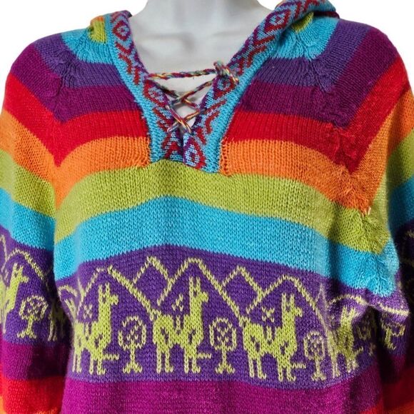 Sweater Hooded Peru Peruvian Alpaca Womens Size Small Rainbow Hoodie - Picture 6 of 10
